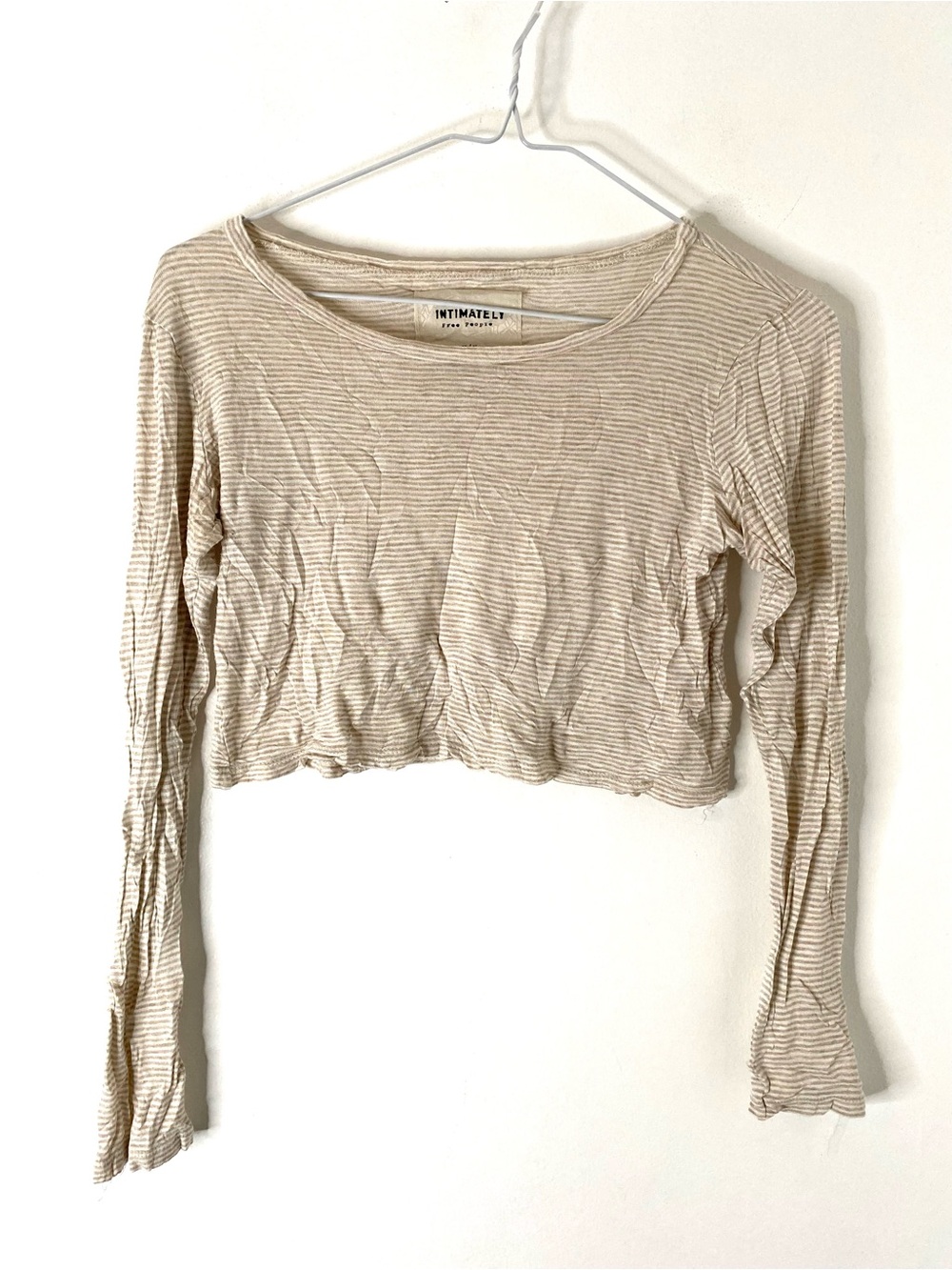 Intimately By Free People Beige Micro Stripe Cropped Long Sleeve Sheer Top